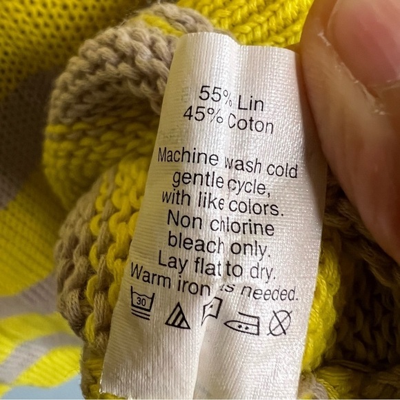 J Crew Linen Cotton Crew Neck Sweater Yellow Gray Striped Sz M Beach Fall Beachy - Picture 5 of 6